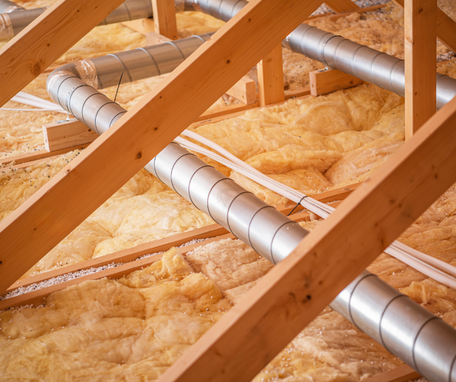 slanted beams in attic with insulation